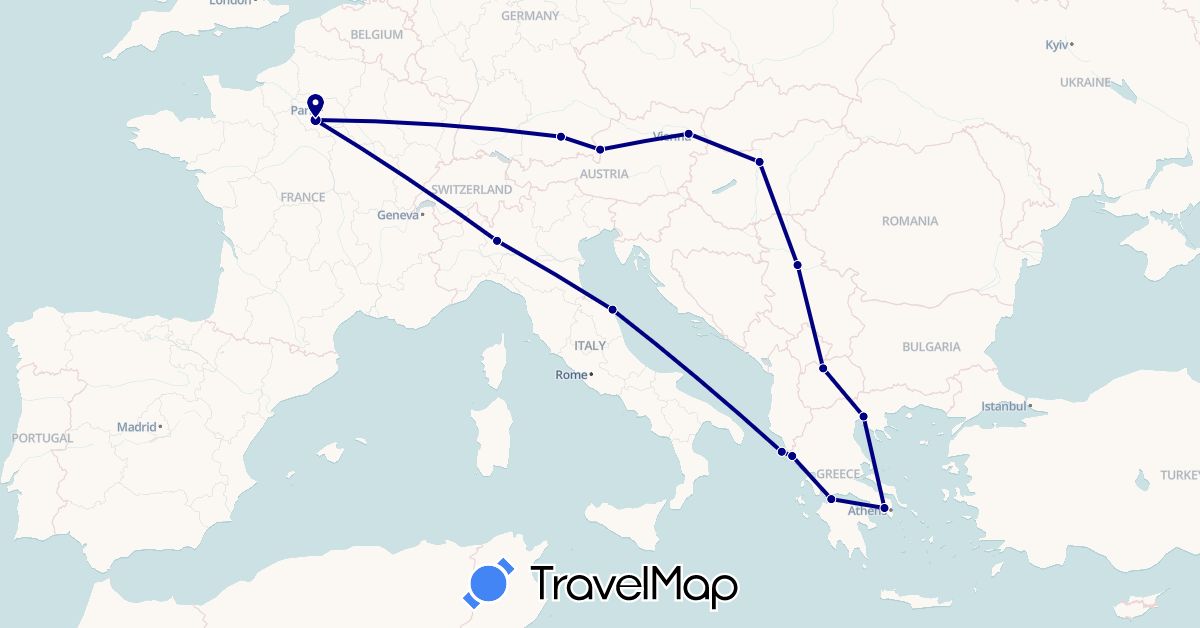 TravelMap itinerary: driving in Austria, Germany, France, Greece, Hungary, Italy, Macedonia, Serbia (Europe)
